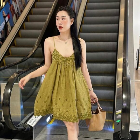 Zara Embroidered Chemise Dress Green Size XS - Picture 3 of 11